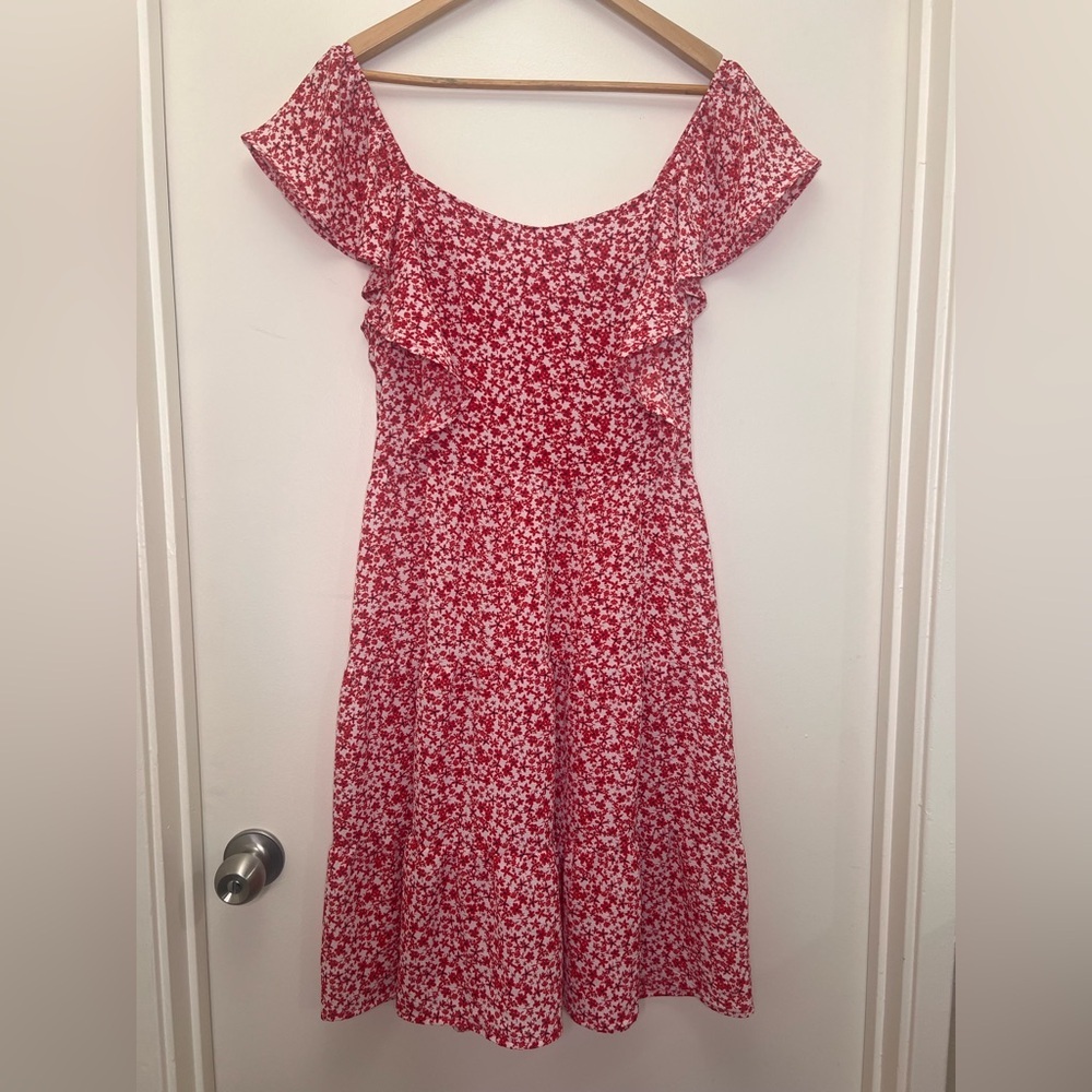 Red Floral Off Shoulder Dress L | Kentucky Derby Dress Fit & Flare Sundress
